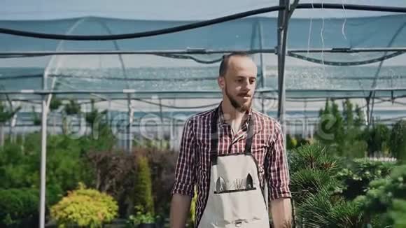 微笑的人是穿着带花园工具的围裙的园丁有许多美丽的农业温室视频的预览图