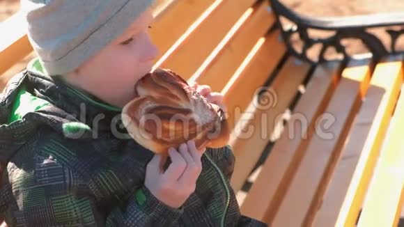 春天男孩坐在公园的长凳上吃着一个带糖的面包侧视视频的预览图