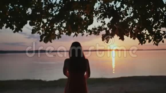 女孩抬起手看着海边的夕阳视频的预览图