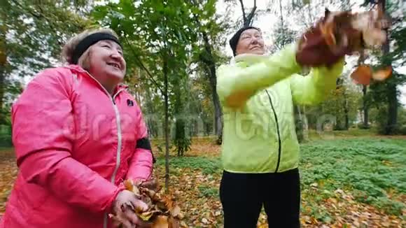 成熟的女人在秋天的公园里把树叶扔到空中中档视频的预览图