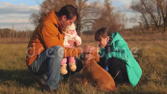 爸爸和孩子们在草地上拍拍狗视频的预览图