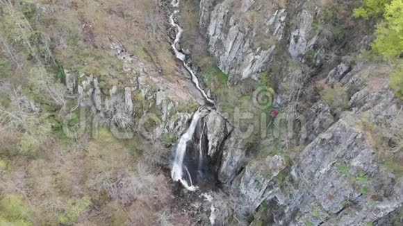 在保加利亚维托沙山的博雅纳瀑布上春天无人机飞过瀑布一片有松树和黄鼠狼的森林视频的预览图