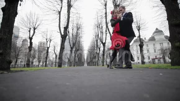 年轻可爱的一对夫妇在空荡荡的冬天的街道上表演周围是赤裸的树木视频的预览图