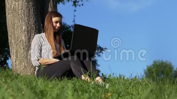 在户外公园工作的商务女性手提电脑视频的预览图