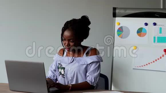 一个美国黑人漂亮女孩坐在笔记本电脑上穿着办公室服装在图形背景上的肖像视频的预览图