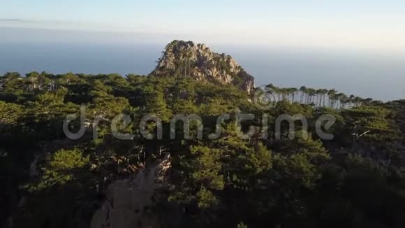 从松树和岩石上飞向大海在海滨拍摄惊人的山脉和岩石山区视频的预览图