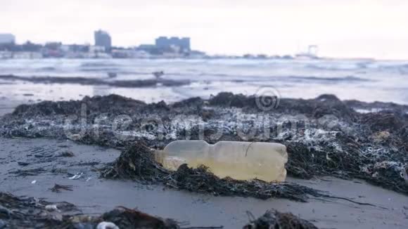 海边沙滩上的塑料瓶和海藻沿海小镇的背景视频的预览图