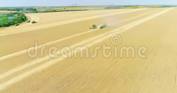现代联合收割机和拖拉机拖车在小麦作物上工作空中景观视频的预览图