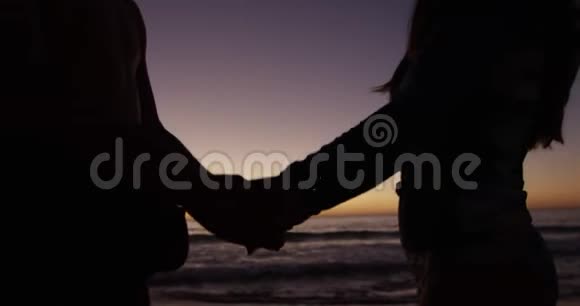 年轻的成年夫妇在日落时在海滩上放松视频的预览图