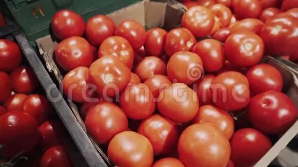 在超市货架上的篮子里放着红色的新鲜西红柿4k视频的预览图