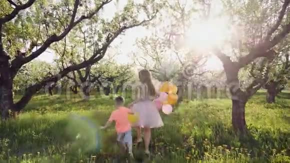 日落时分孩子们在盛开的花园里奔跑视频的预览图