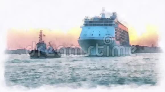 一艘小船拖着一艘游轮沿着威尼斯大运河视频的预览图