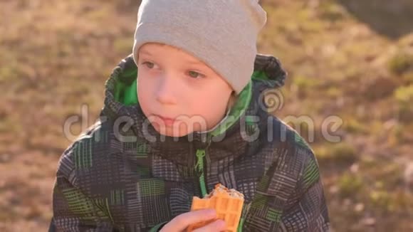 男孩坐在公园的长凳上吃华夫饼前景视频的预览图