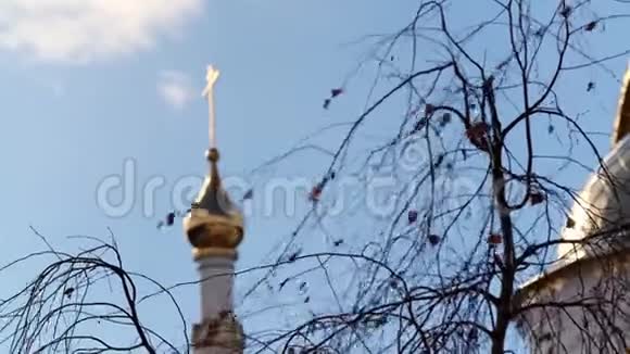 秋天教堂金色穹顶背景上的树枝库存录像基督教教堂的金色圆顶视频的预览图