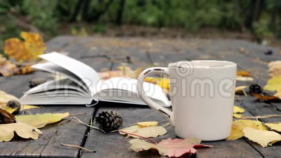 在旧木上有一本书一杯茶咖啡落叶和锥风吹散树叶移书页视频的预览图
