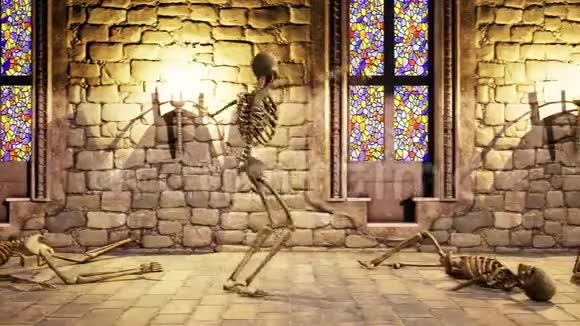 在神秘城堡里跳舞的骷髅的无缝动画万圣节背景视频的预览图
