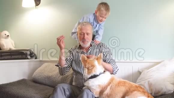 祖父和孙子带着狗坐在房间的沙发上视频的预览图
