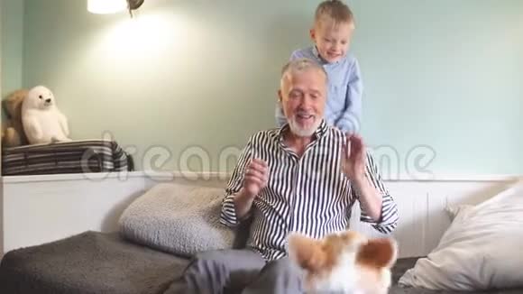 祖父和孙子带着狗坐在房间的沙发上视频的预览图