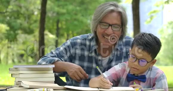 老人在公园里帮助孩子做学校作业视频的预览图