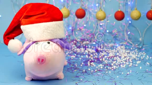 粉色小猪毛绒玩具戴着蓝色背景的红色圣诞老人帽子背景是新一年多色球和视频的预览图