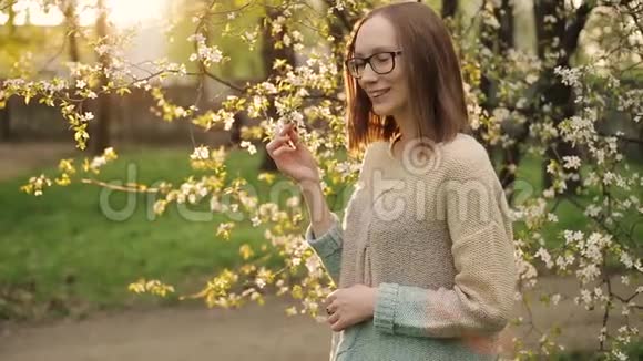 美丽的微笑棕色头发的女孩享受着白色樱花的气味视频的预览图