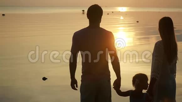 在令人惊叹的夕阳下幸福家庭的剪影父亲母亲和女儿爸爸和妈妈女儿的手慢慢慢慢视频的预览图