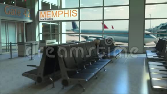 孟菲斯航班现在机场航站楼登机旅行到美国概念介绍动画3D视频的预览图