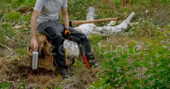 伐木工人在树桩上放松4K视频的预览图