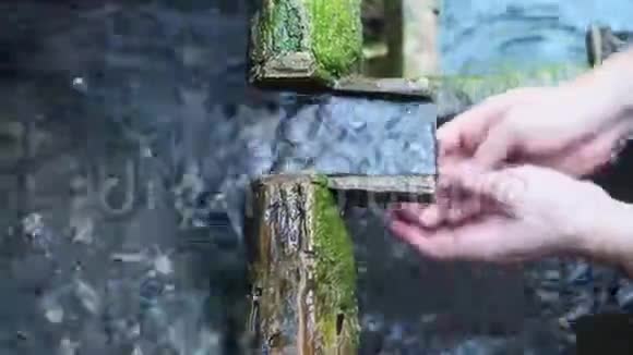 森林里一条老溪边洗手的人的近景视频的预览图