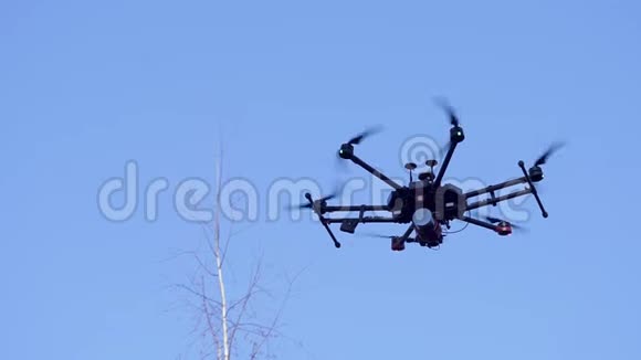 黑色相机无人机飞行与可见的推进器运动和闪光灯在蓝天背景剪辑小型视频的预览图