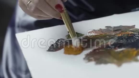 接近一个艺术家的画笔从一个调色剂艺术创造力爱好的概念棕色油漆行动妇女视频的预览图
