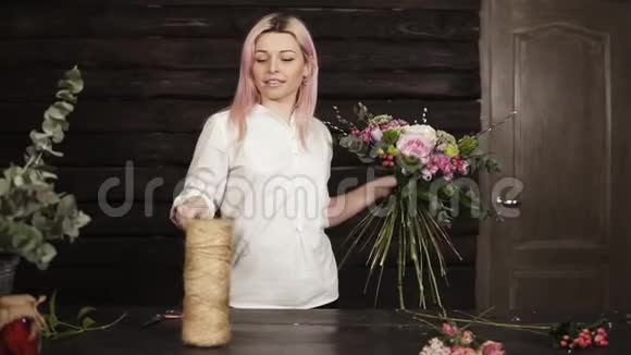一个年轻的微笑着的白人女子嬉戏地解开绳子剪掉一块收紧花茎视频的预览图