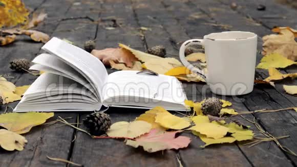 在旧木上有一本书一杯茶咖啡落叶和锥风吹散树叶移书页视频的预览图