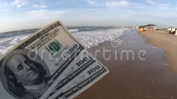 在海上背景下持有300美元钞票的女孩视频的预览图