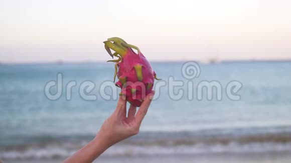 日出时雌手拿着成熟的火龙果在沙滩上视频的预览图