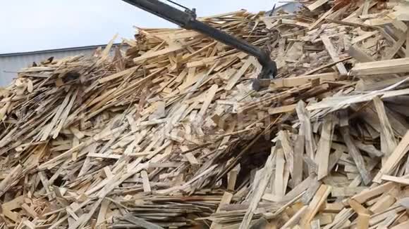 原木生物燃料生产机器装载木材碾碎木屑视频的预览图