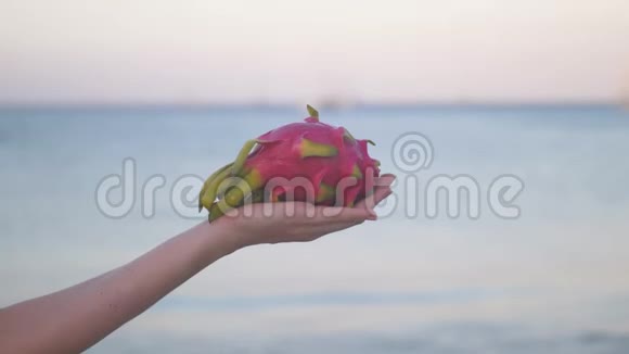 日出时雌手拿着成熟的火龙果在沙滩上视频的预览图