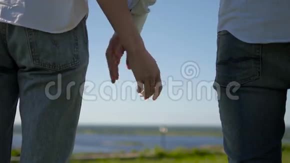 在公园的草地上散步的情侣爱的情侣牵手视频的预览图
