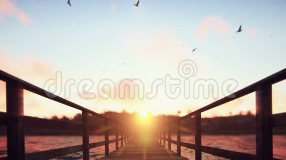 相机飞过热带岛屿上的一座木桥日落时有一个异国情调的白色海滩绿色棕榈树蓝色视频的预览图