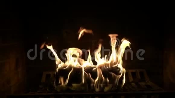 美妙可爱舒适的气氛令人满意关闭缓慢的运动视野火木火焰燃烧在原木壁炉视频的预览图