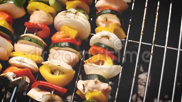 在户外夏季烧烤上提供五颜六色美味的烤肉视频的预览图