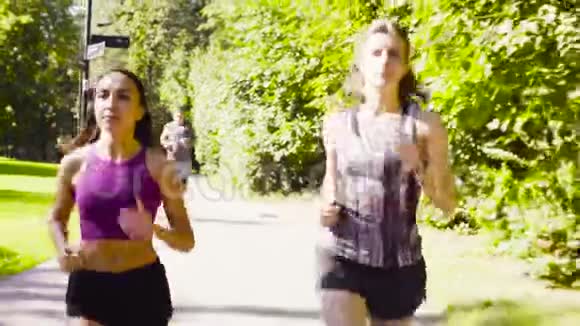 夏天两个女人在公园里跑步视频的预览图