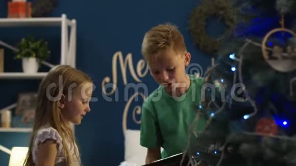 小兄弟装饰云杉圣诞树视频的预览图