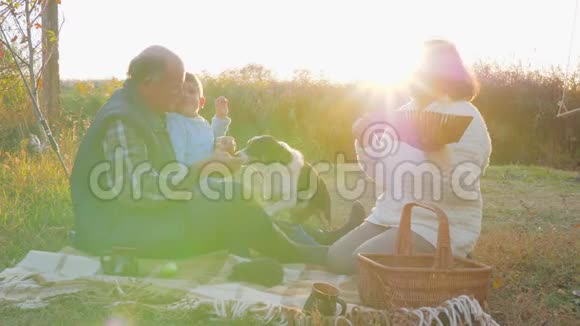 在大自然的背景下男孩在野餐时用狗和刺猬亲吻坐在格子上的祖父母视频的预览图
