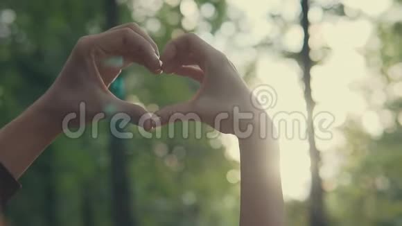 在公园日落时分一对年轻夫妇用双手做心形视频的预览图