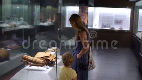 母亲和儿子在自然历史博物馆观看历史博览会视频的预览图