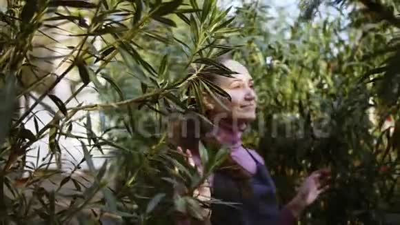 戴着围裙的女园丁欢喜地微笑着一边在花园里的一排排树木间散步一边检查不同树木的叶子视频的预览图