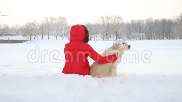 对宠物的爱这个女人正和一只金色的猎犬在公园的雪地里休息视频的预览图