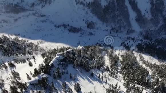 空中无人机绕着森林中雪山上的悬崖飞行视频的预览图