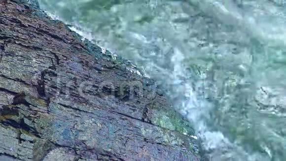 石头上的蓝蟹和海浪海浪飞溅在岩石岛上水花溅落在潮湿的岩石上视频的预览图